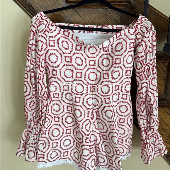 Alexis embroidered white red ruffle sleeve fringe hem red romper size small s - Picture 5 of 7